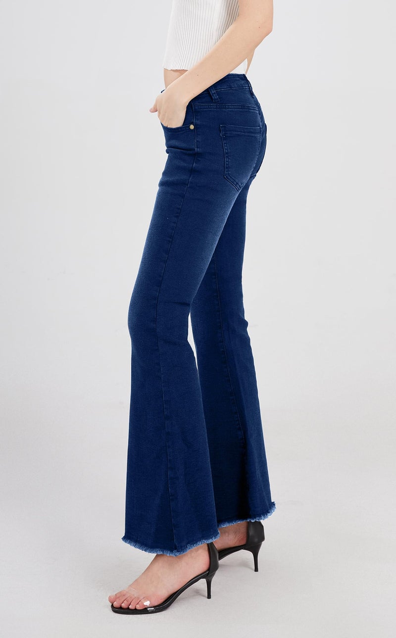 CHARTOU Women's Asymmetric Tassel Flared Slit Ripped Jeans Denim Pants (Medium, Navy Blue) - Image 4